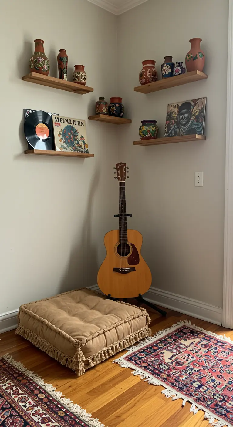 Music corner with a guitar, vinyl records on shelves, and a large tasseled floor cushion.