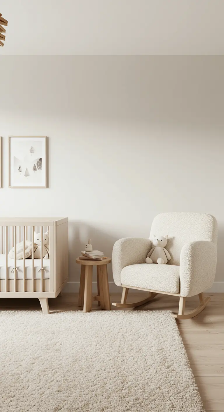 A serene nursery with a light wood crib, a cream bouclé rocking chair, and a high-pile rug.