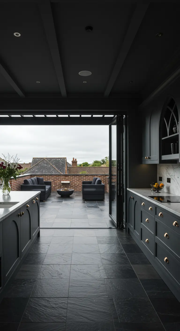 Black kitchen with slate floors that continue onto an open-air rooftop terrace.