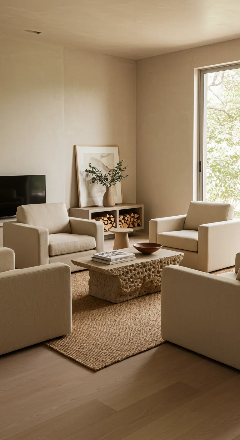 A living room with four neutral armchairs arranged around a rough stone coffee table.