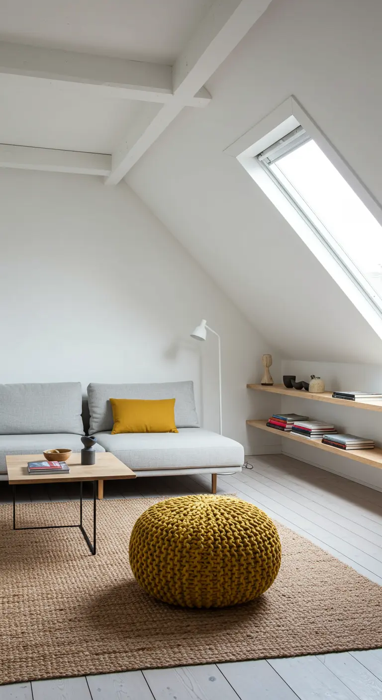 A low-profile sofa and a mustard knit pouf in a bright white attic room.