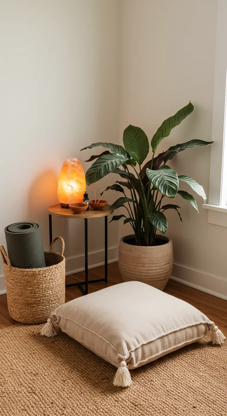 Meditation corner with a floor cushion, salt lamp, yoga mat in a basket, and a large plant.