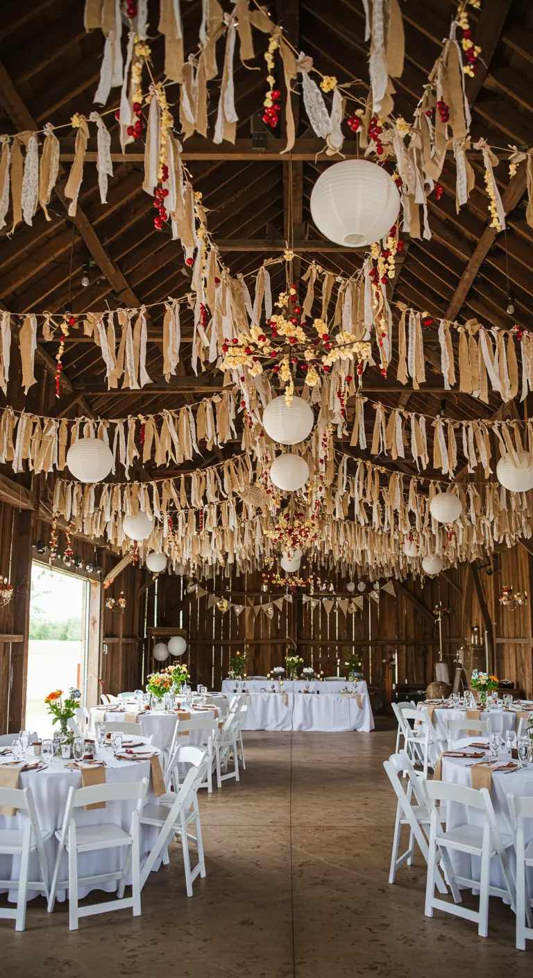 Barn ceiling decorated with long, flowing garlands made of torn fabric and burlap strips.