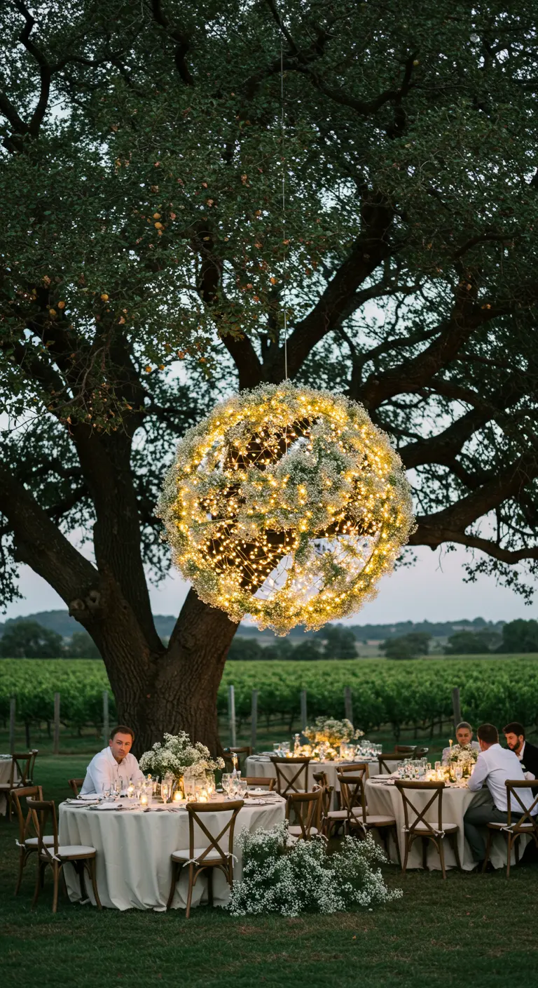 A giant, glowing sphere of baby's breath and lights hanging from a tree at a vineyard reception.
