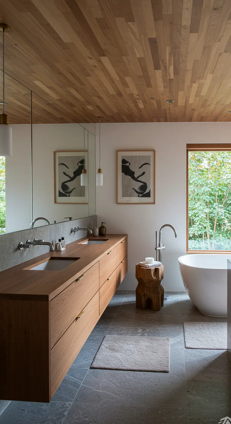 Japandi bathroom with a wood-plank ceiling and a large window view.