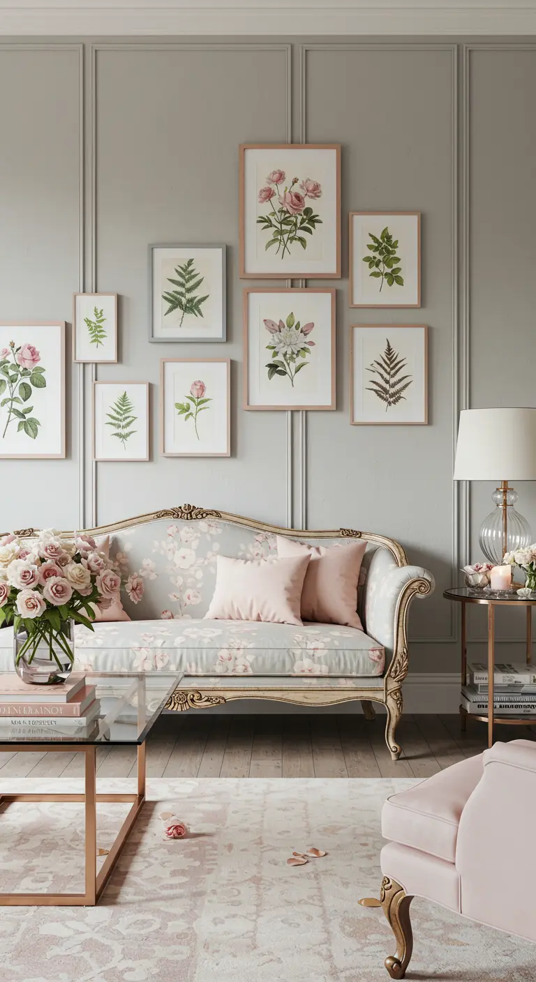 Elegant living room with a floral settee and a gallery wall of botanical prints.