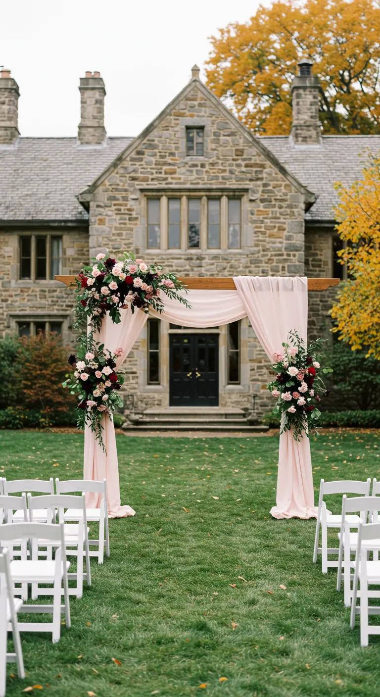 Wooden wedding arch with blush draped fabric and floral arrangements outside a stone manor.