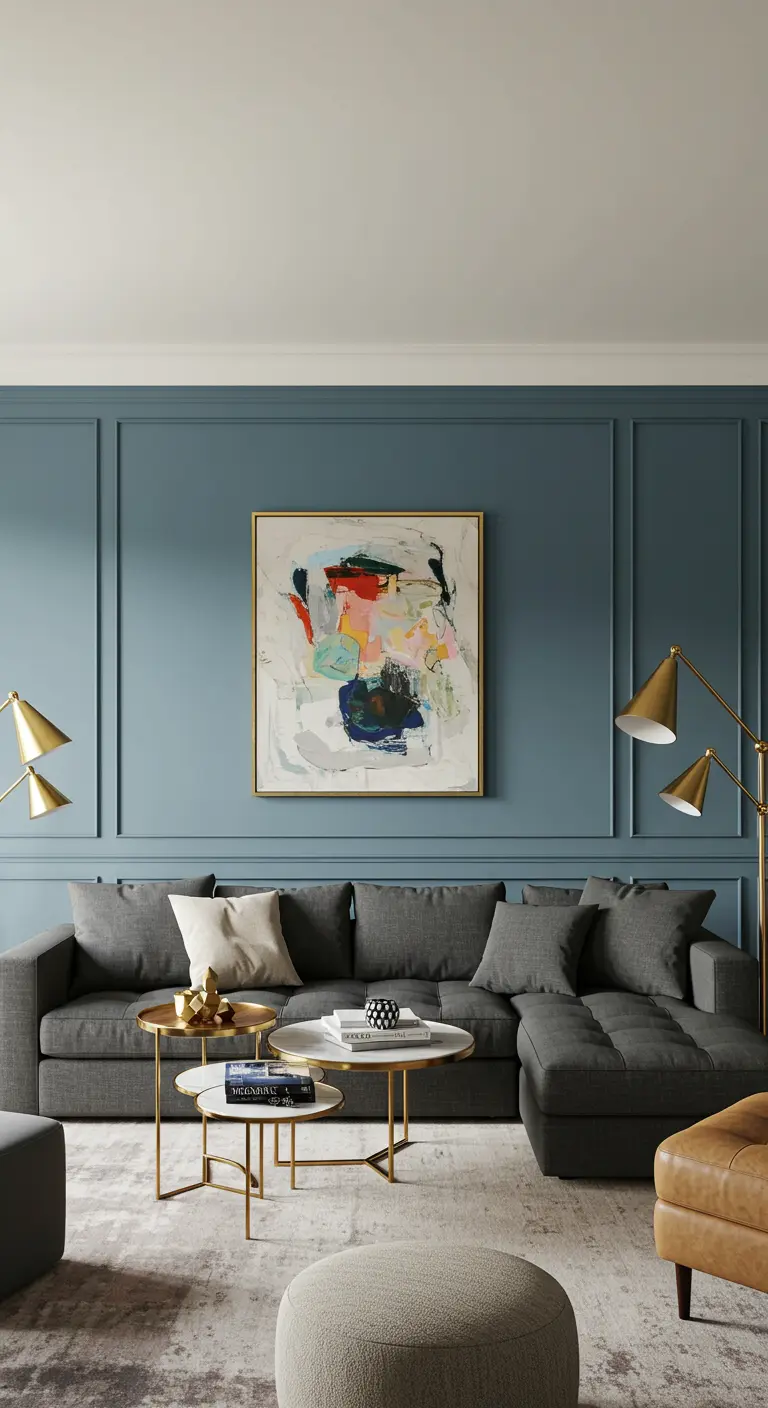 Charcoal sectional in front of a dusty blue wall with picture frame moulding and abstract art.