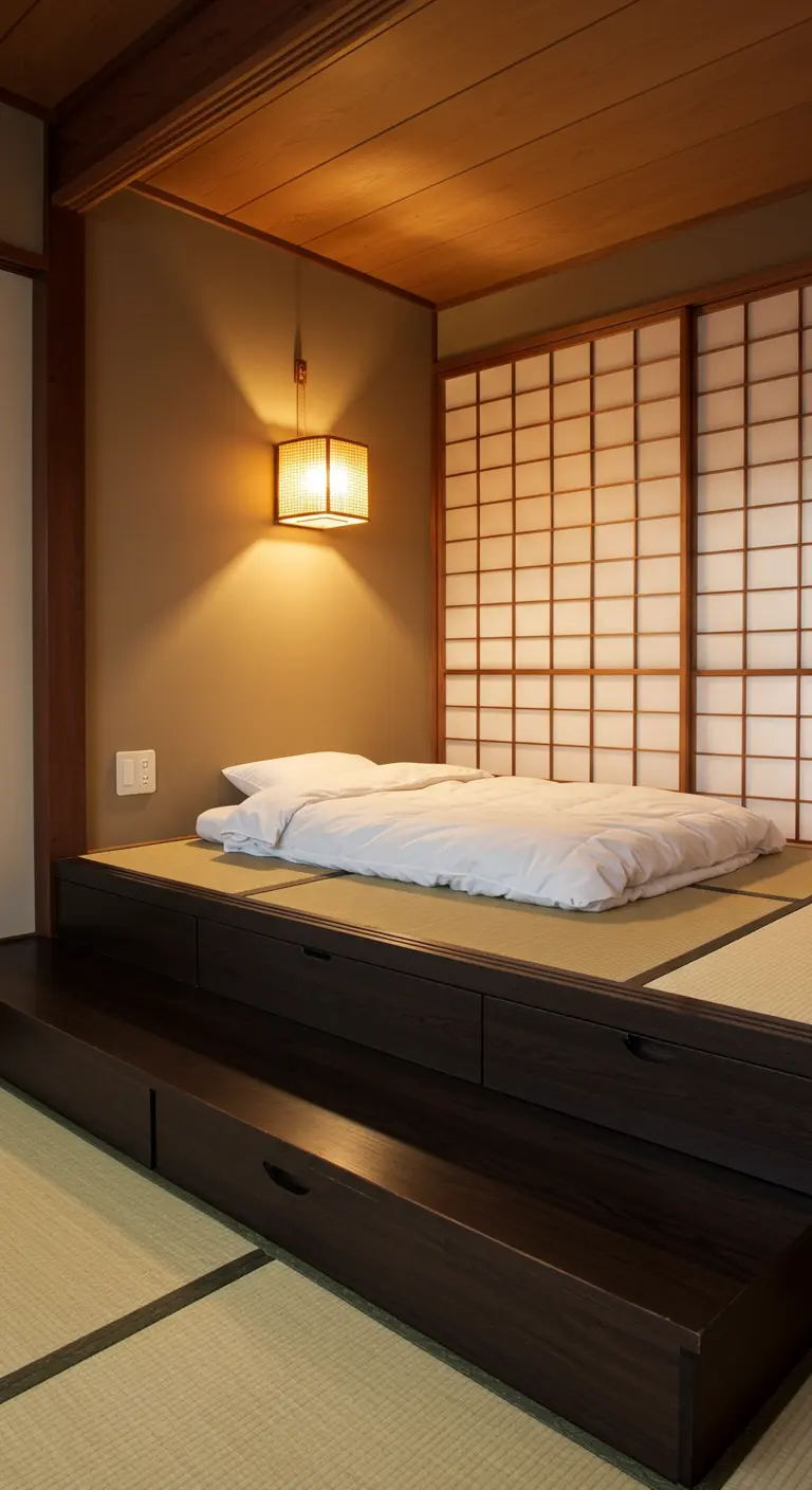 Bedroom with a raised wooden platform bed featuring tatami mats and built-in storage drawers.