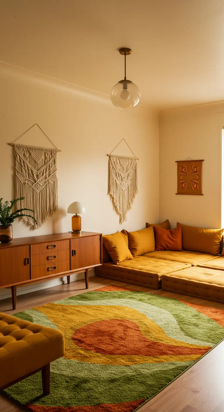 A 70s-inspired room with a mustard sofa, macrame hangings, and a swirling green and orange shag rug.