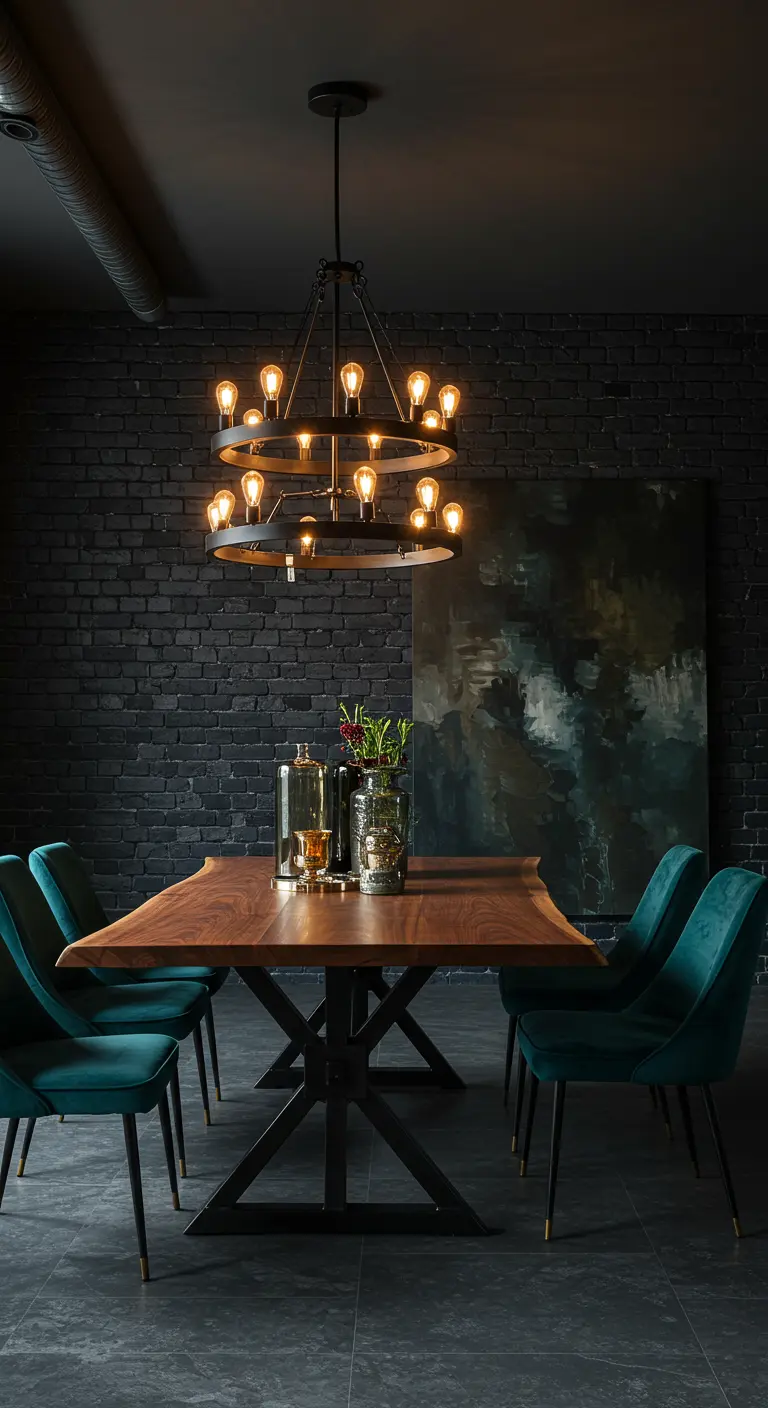 Dark dining room with black brick walls, velvet chairs, and a large ring chandelier.