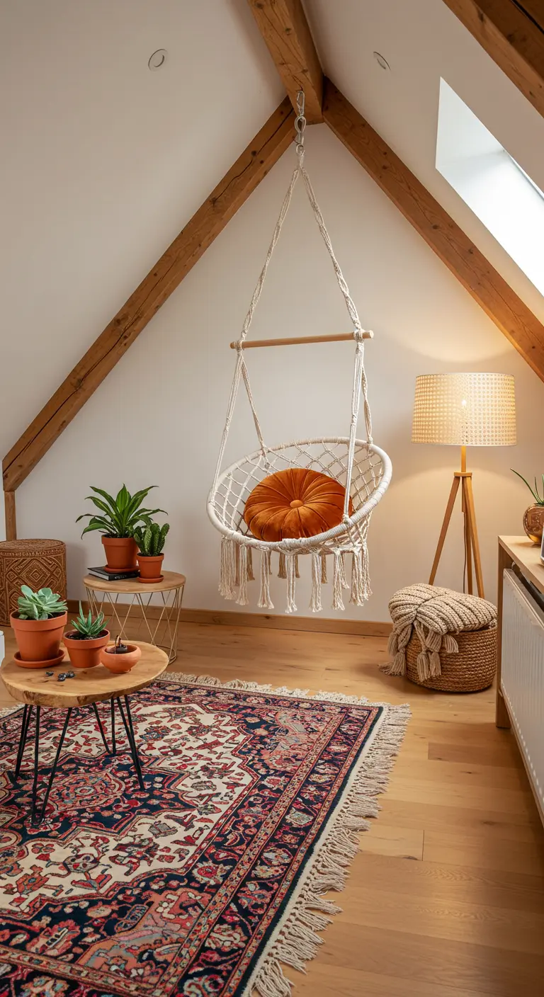 Hanging macrame chair in an attic nook with exposed wood beams and a colorful patterned rug.