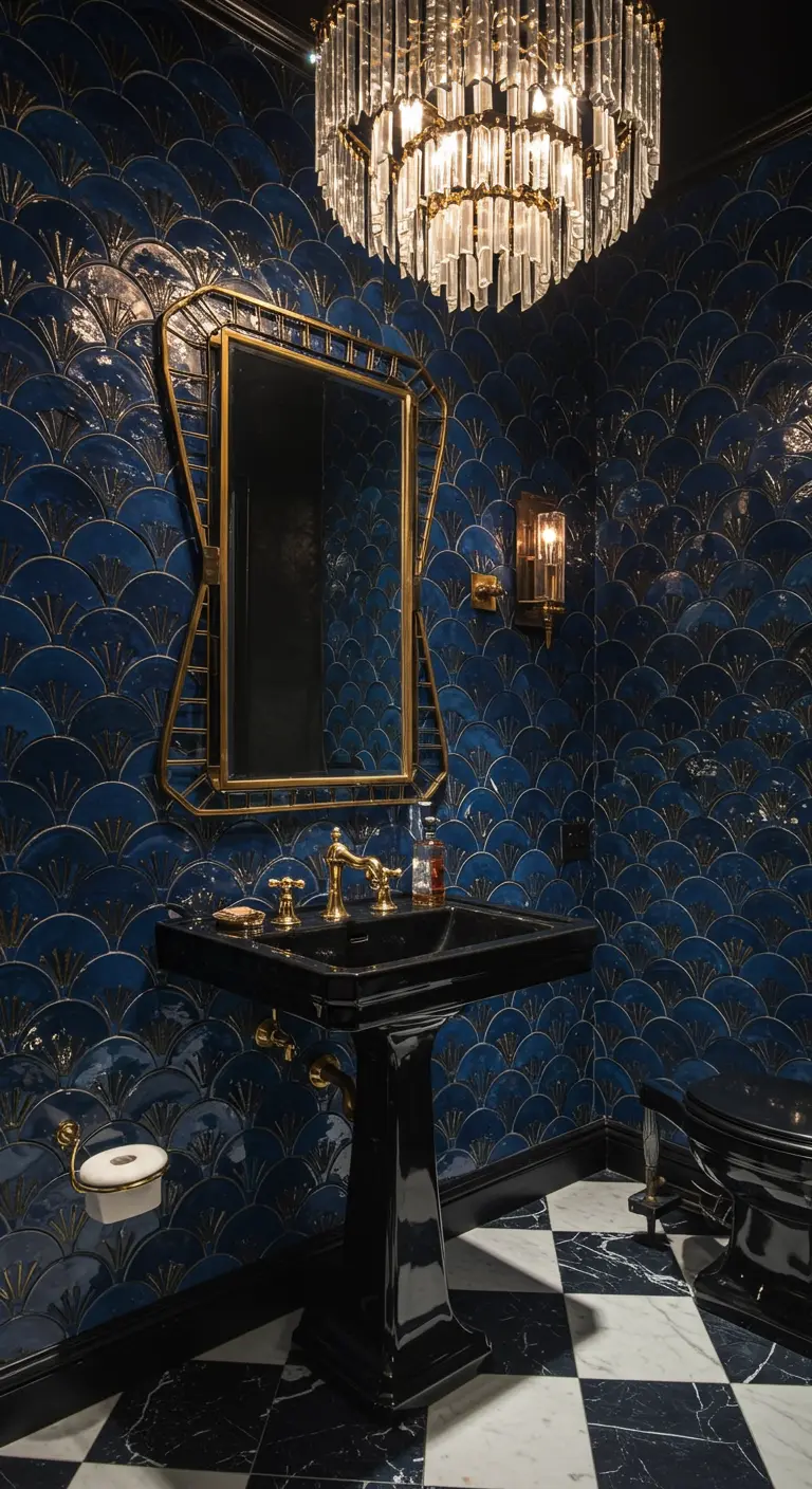 Art Deco bathroom with blue fan-shaped tiles, a black pedestal sink, and a crystal chandelier.