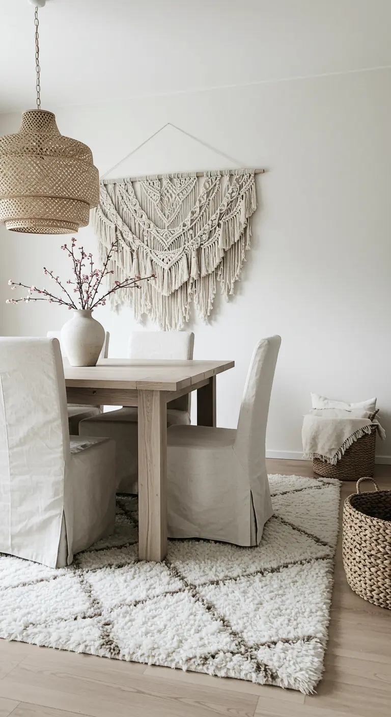 A serene dining room with a large macramé hanging, linen slipcovered chairs, and a plush Moroccan rug.