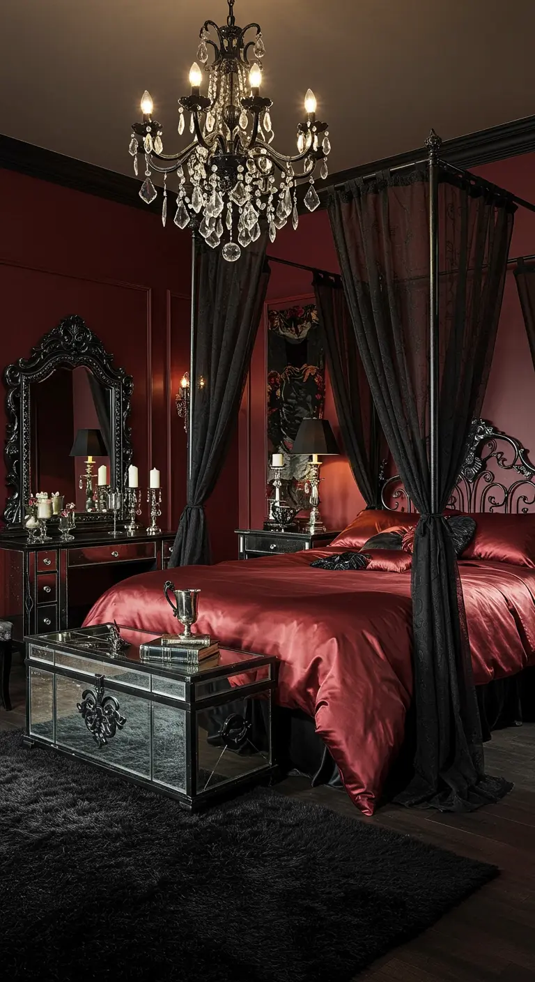 Gothic bedroom with red walls, a black four-poster bed with black curtains, and red silk bedding.