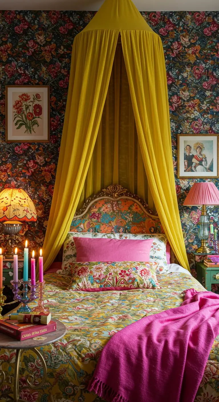 Colorful maximalist bedroom with floral wallpaper, a yellow canopy, and a pink throw.