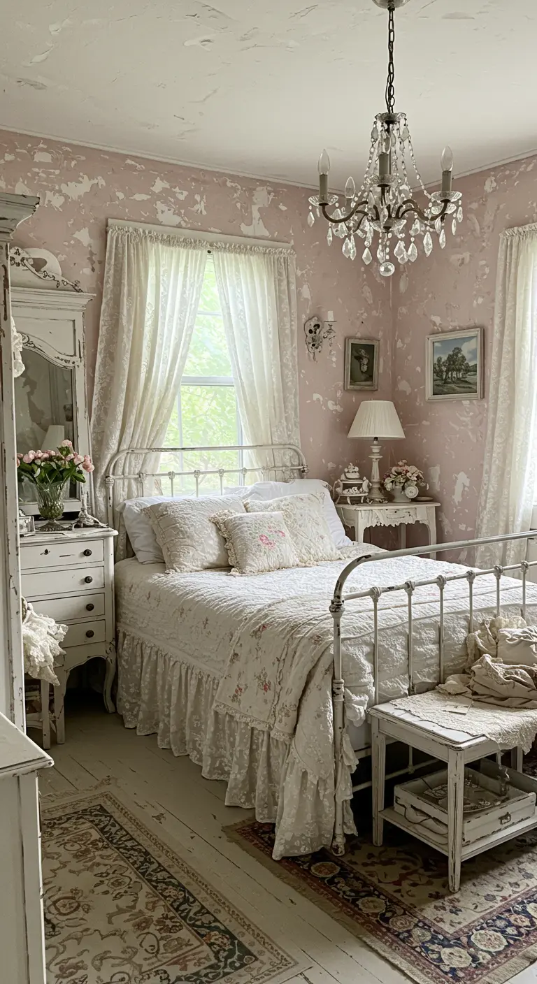 Shabby chic bedroom with distressed pink plaster walls and vintage white furniture.