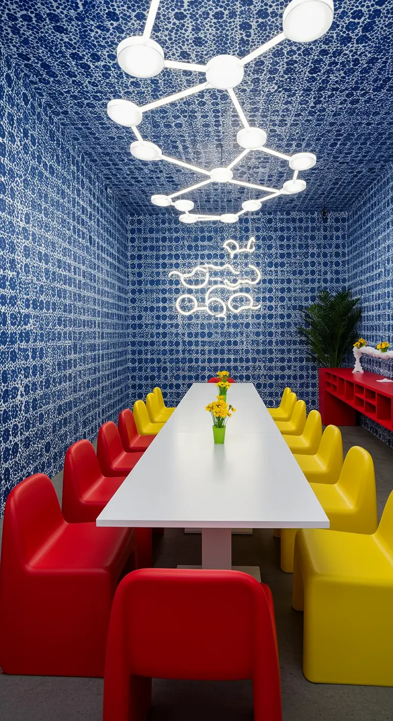 Party room with blue dotted wallpaper and primary-colored chairs.