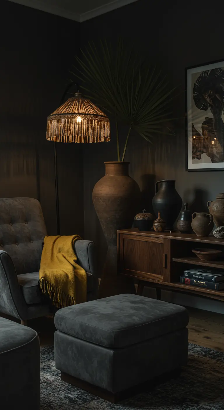 A dark, moody corner with a grey armchair, mustard throw, and a fringed lampshade.
