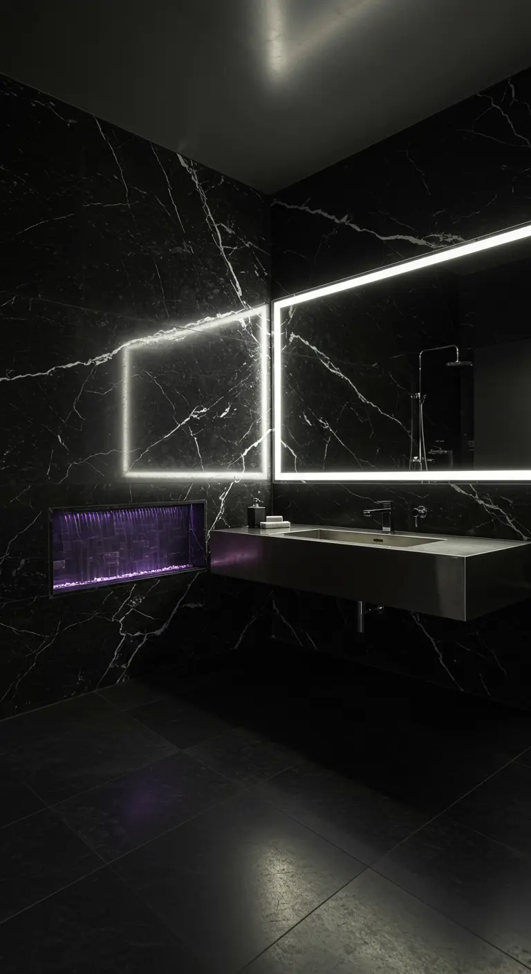 A moody black marble bathroom with integrated rectangular LED lighting and a purple-lit water feature.