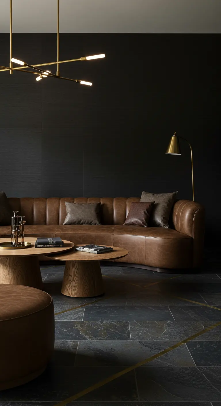 A dark living room with a brown leather sofa and a dark slate floor with brass inlays.