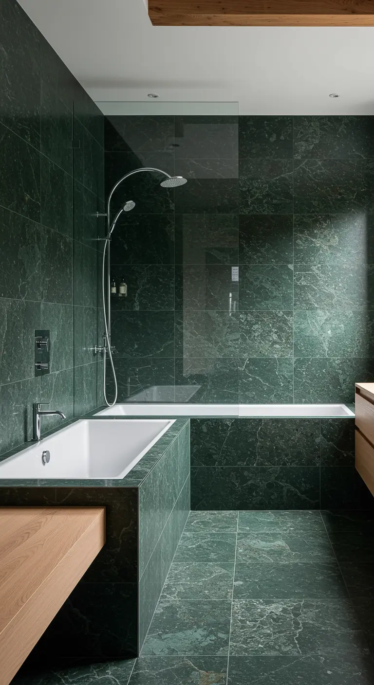 Green marble wet room with a bathtub inside the glass-enclosed shower area.