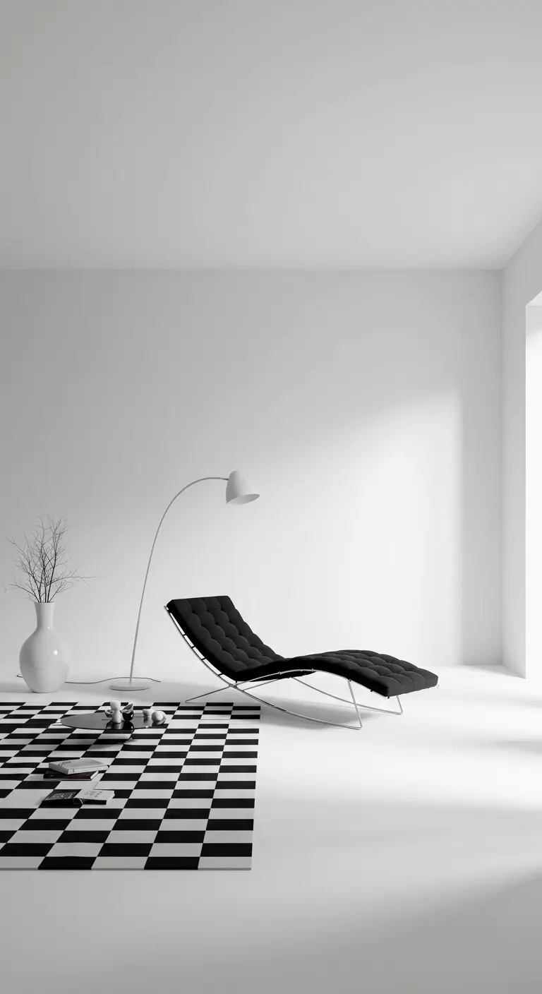 A minimalist white room with a black chaise lounge placed on the edge of a checkerboard rug.