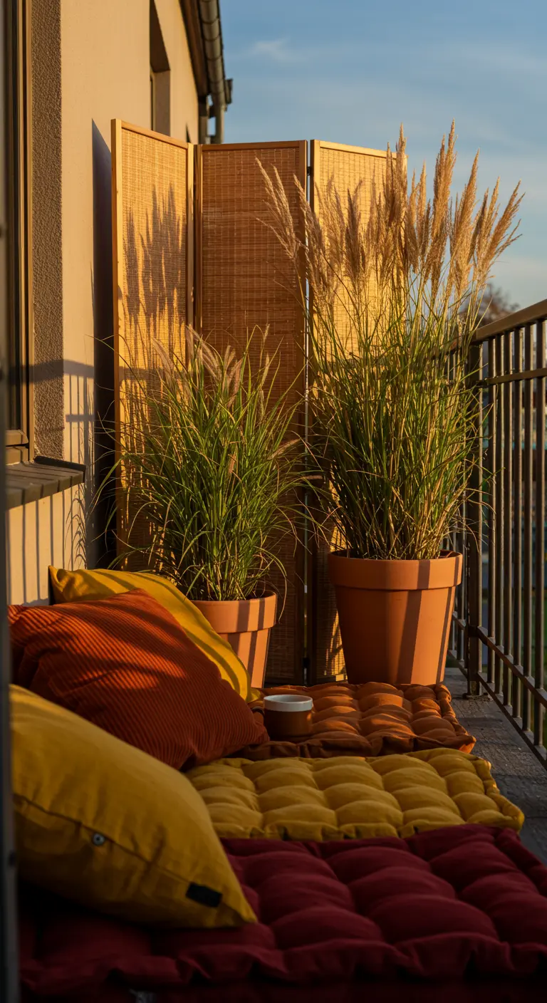 A balcony in golden hour light with red, orange, and yellow cushions and tall pampas grass.