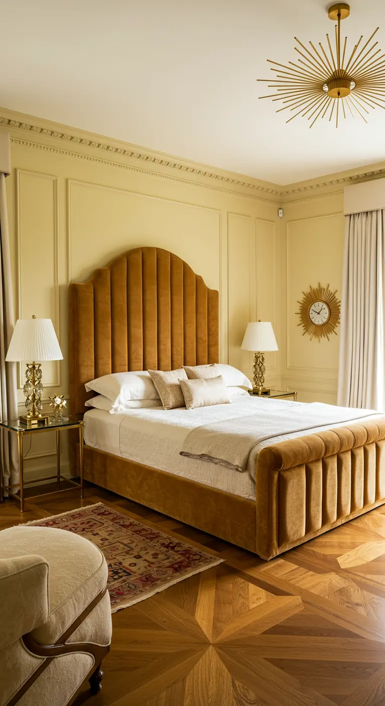 A bedroom with a tall, channel-tufted mustard velvet headboard and a sunburst chandelier.