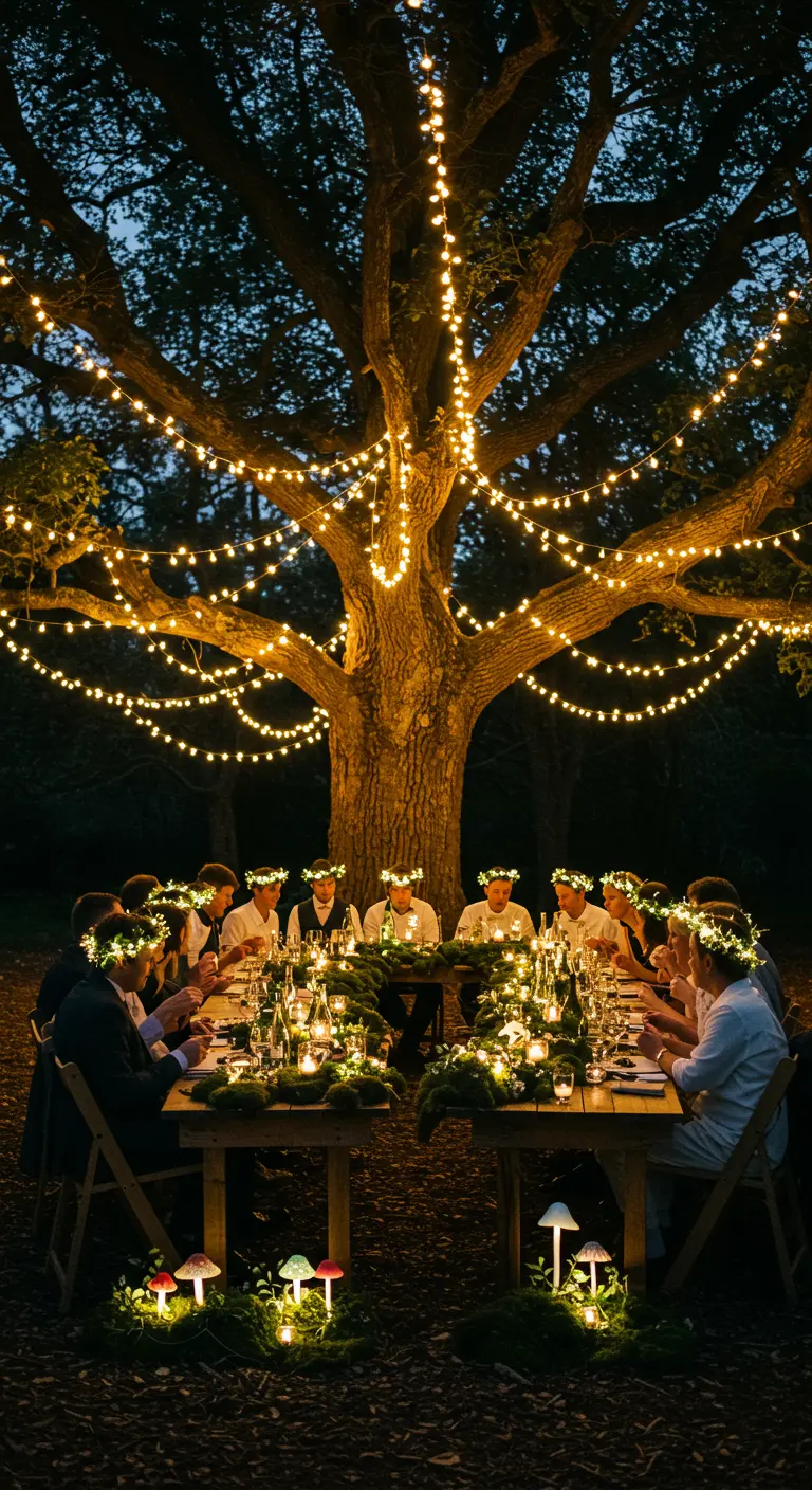 Nighttime woodland wedding reception under a tree with glowing lights and illuminated mushrooms.