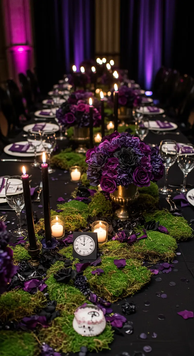 A moody NYE table with a moss runner, dark purple flowers, and black candles.