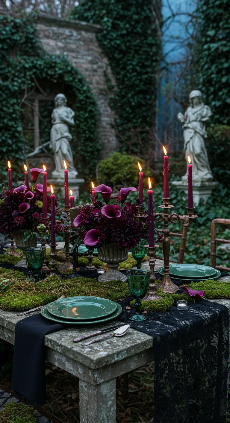 An outdoor Halloween table covered in moss, with purple flowers and matching candles.