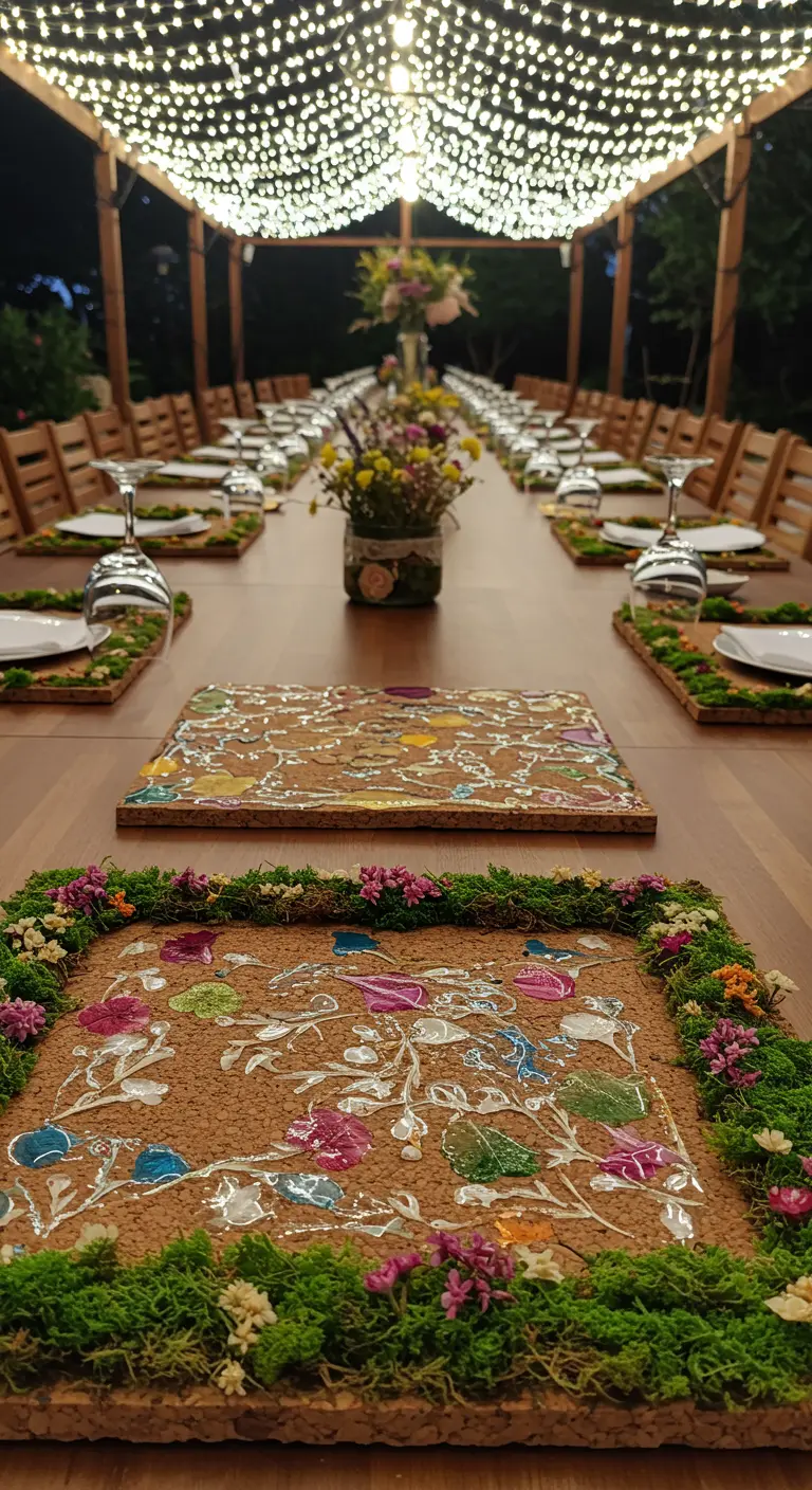 Ornate cork placemats bordered with moss and tiny colorful flowers.