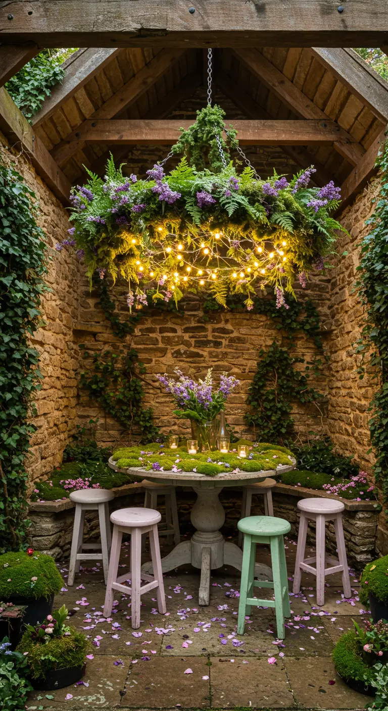 A stone grotto with a moss-covered table and a hanging chandelier of ferns and purple flowers.