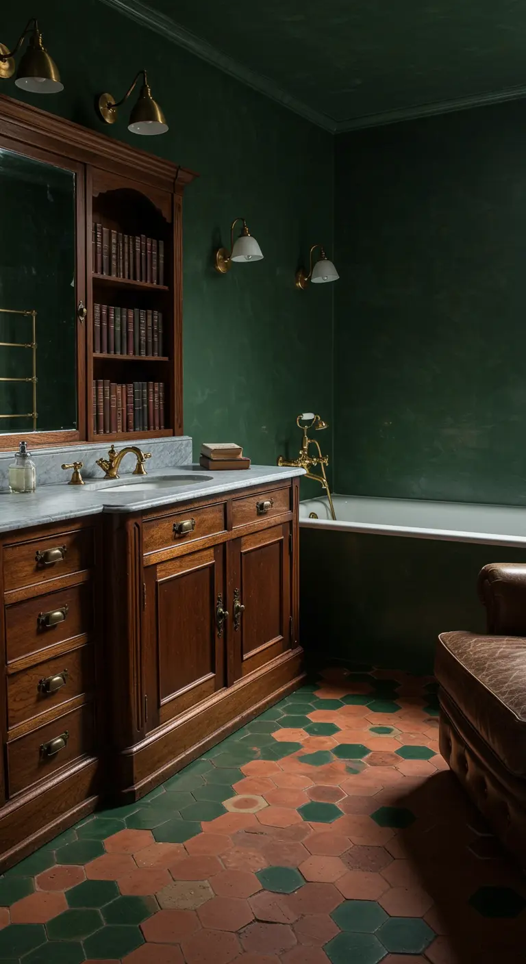 Dark green bathroom with a large wooden vanity, bookshelves, and a terracotta tile floor.