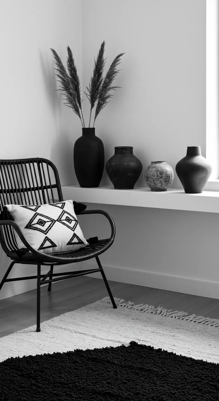 A black rattan chair and matte black pottery create a high-contrast, black-and-white nook.