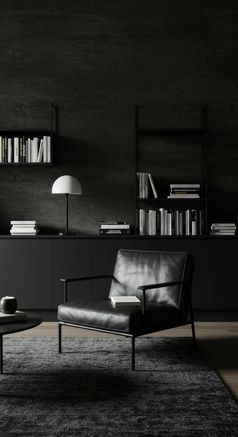 A minimalist black room with a modern black leather chair and sleek black shelving.