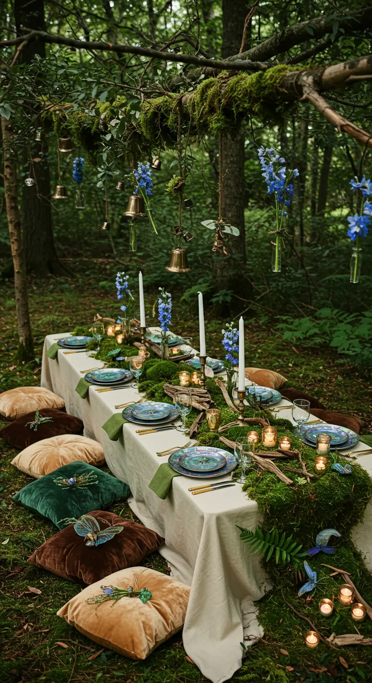 Whimsical forest floor picnic with velvet pillows and hanging bells.
