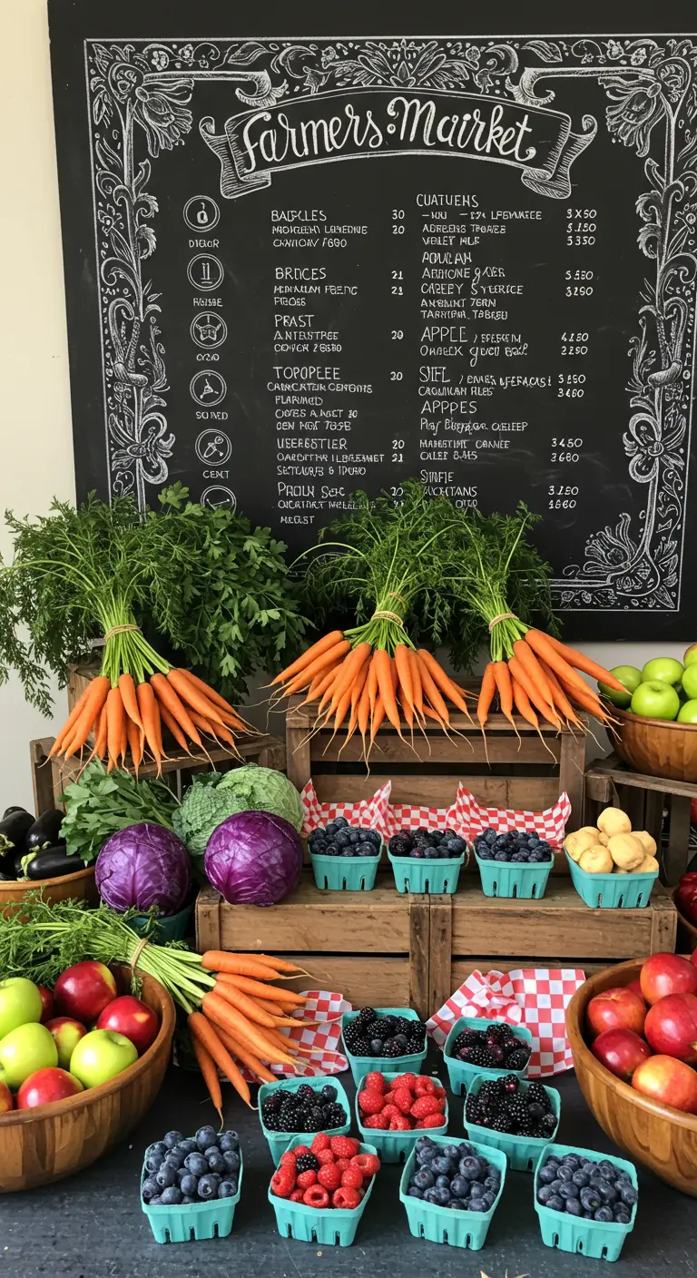 A farmers market-style food display with fresh produce and a large chalkboard menu.