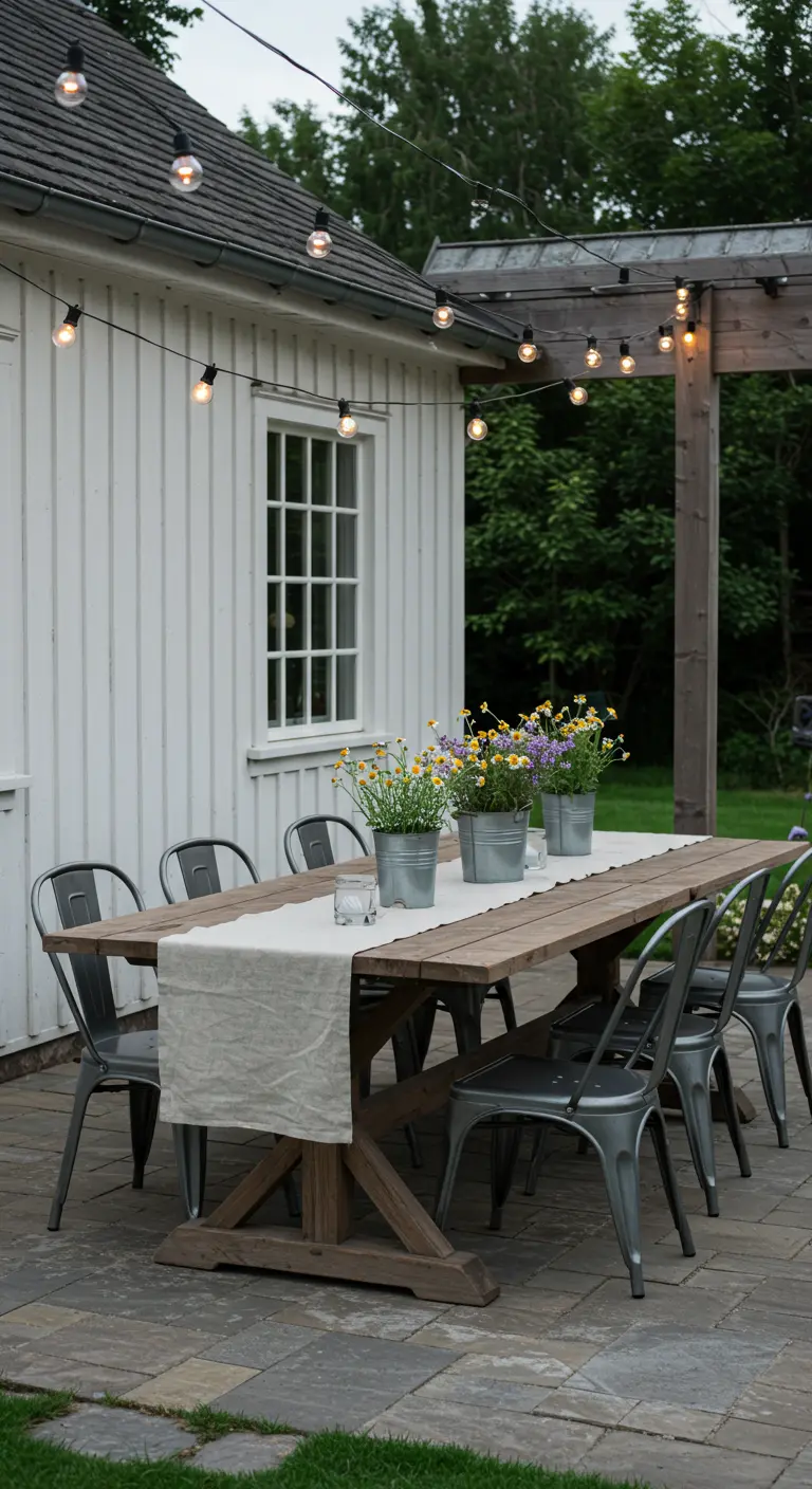 A farmhouse patio with a wooden trestle table, metal chairs, and wildflowers in buckets.