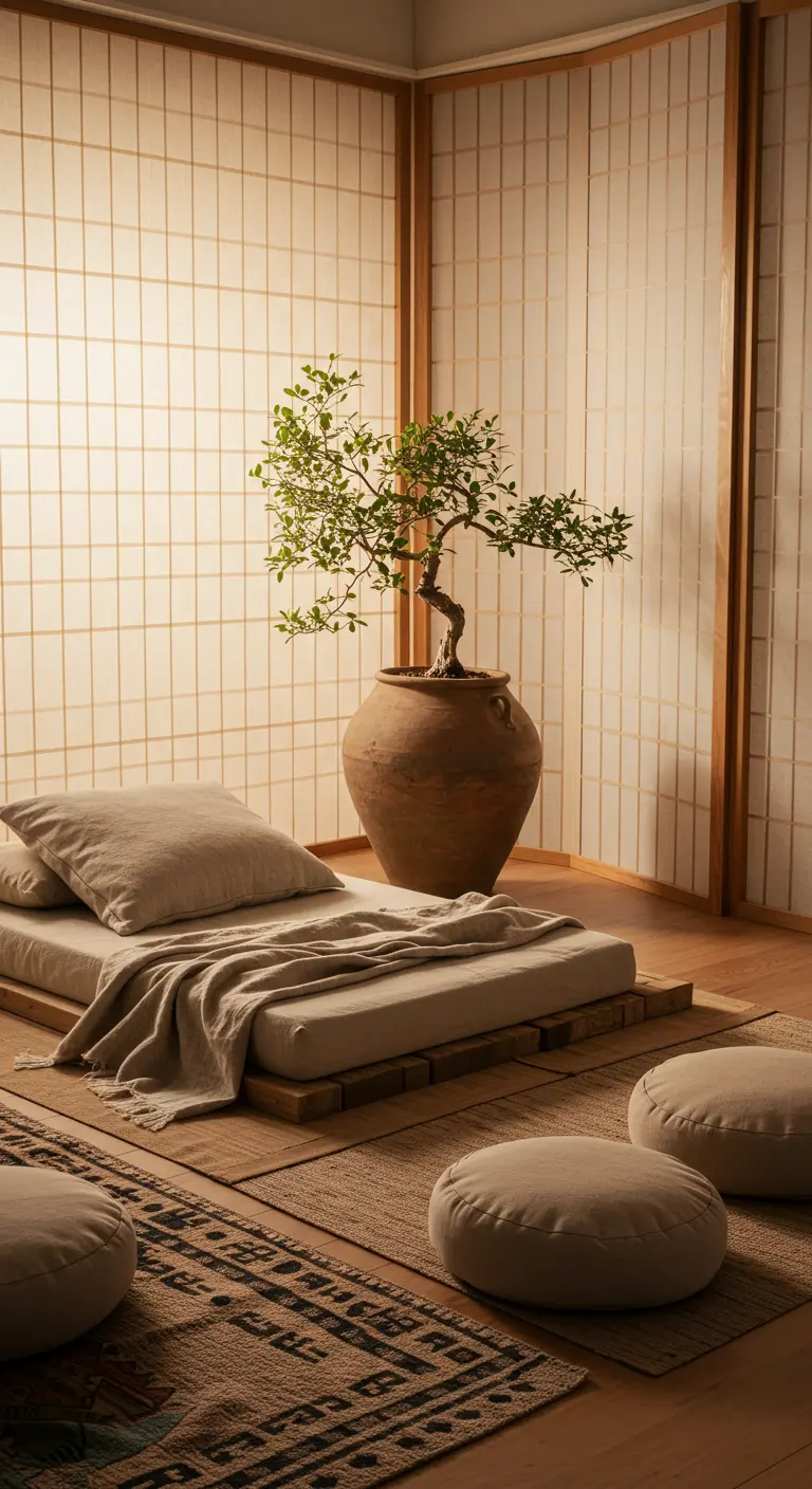 A low platform bed with linen sheets in a room with Japanese shoji screens and a bonsai tree.