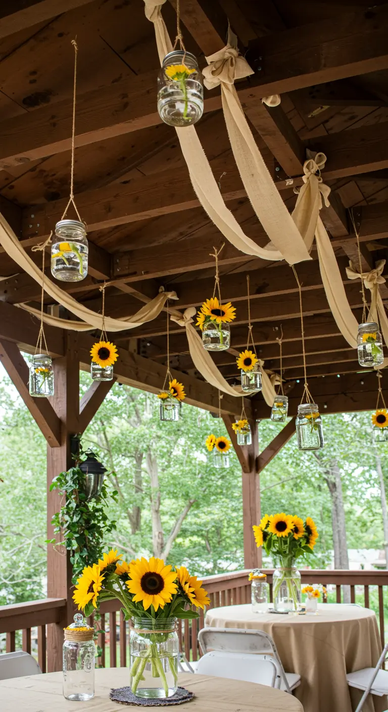 Mason jars with single sunflowers hanging from the wooden ceiling of a porch.