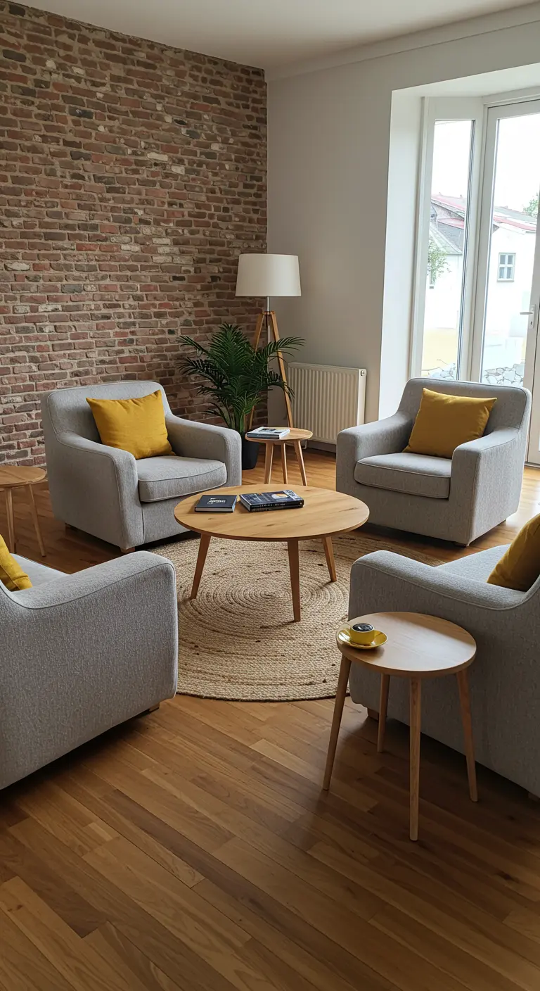 Four armchairs arranged in a circle on a round jute rug for a conversational layout.
