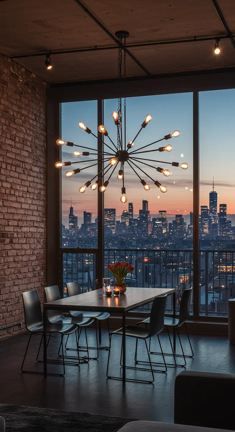 Dining room with a sputnik chandelier in front of a floor-to-ceiling window with a city view.