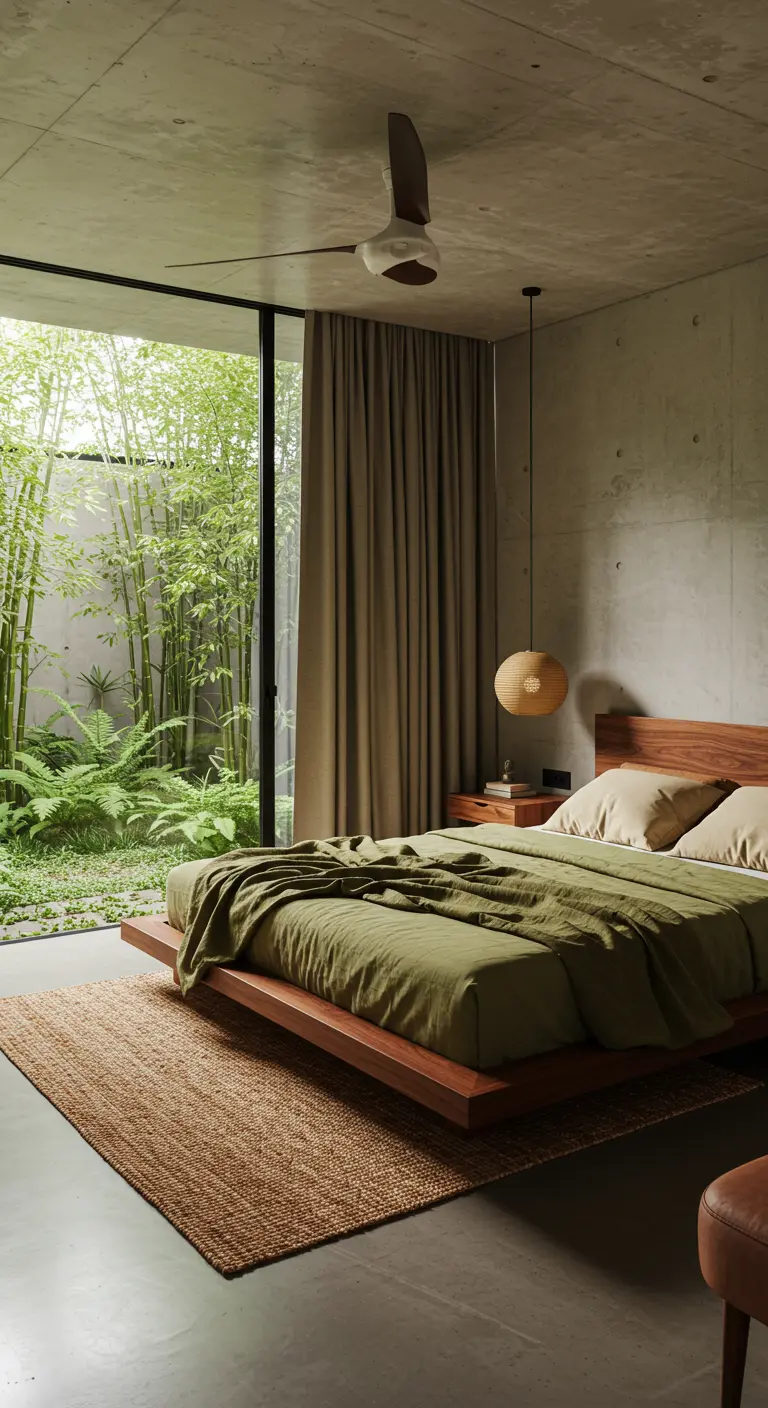Bedroom with a low platform bed and glass wall overlooking a private bamboo garden.