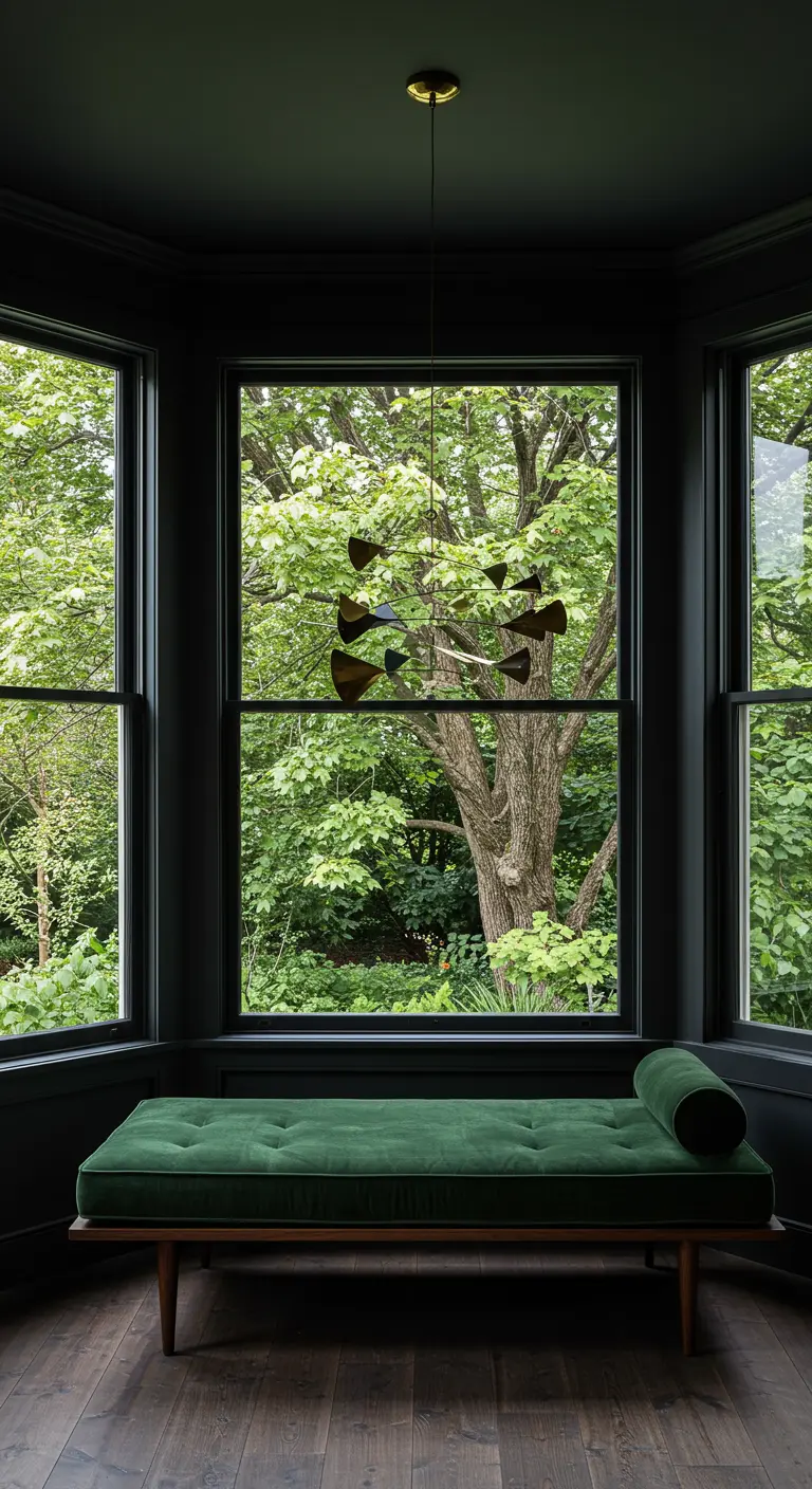 A dark-painted bay window with a green velvet daybed looking out onto a lush, green yard.