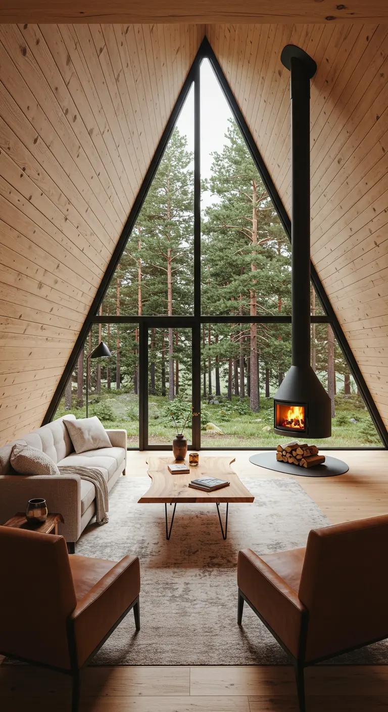 A-frame cabin living room with a suspended fireplace and a large triangular window overlooking a forest.