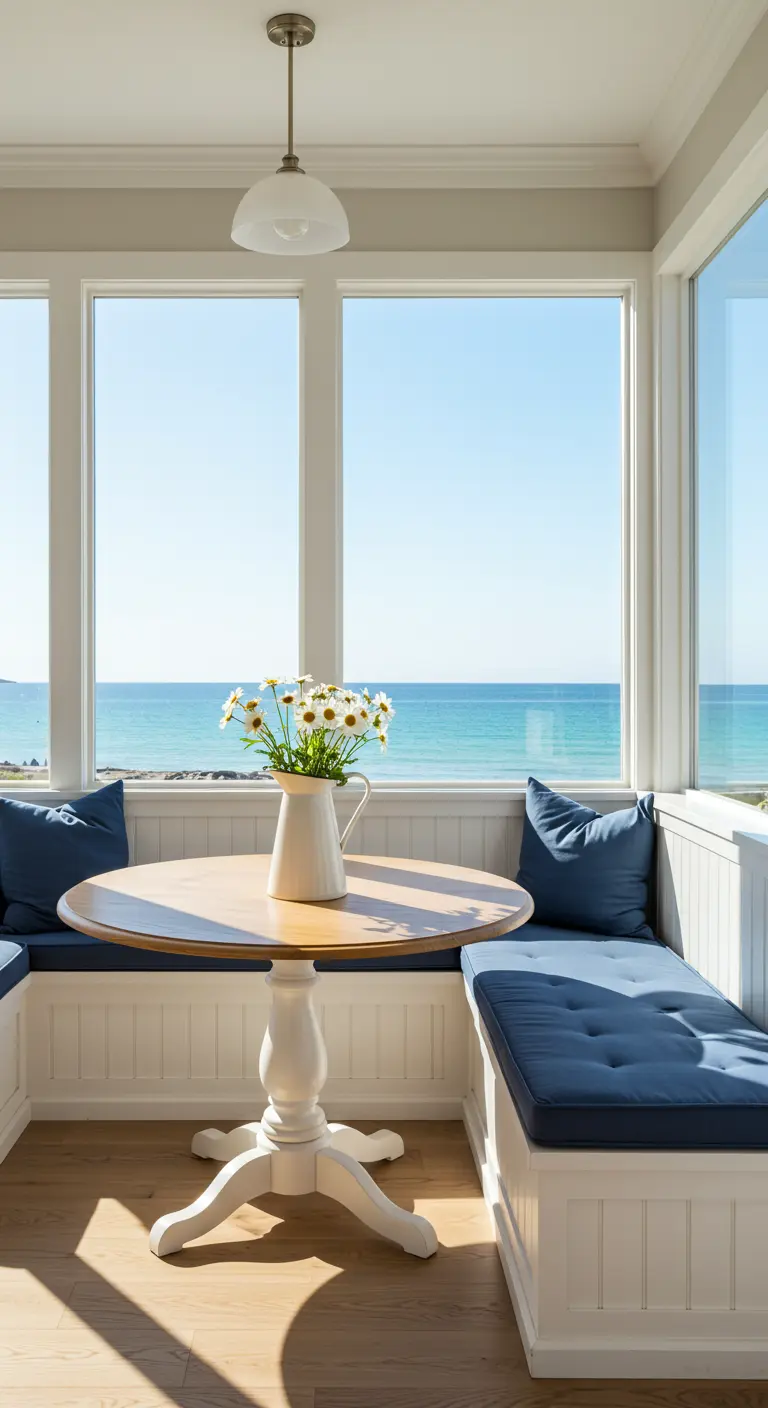 A sunlit breakfast nook with navy blue cushions and a round white table overlooking the ocean.