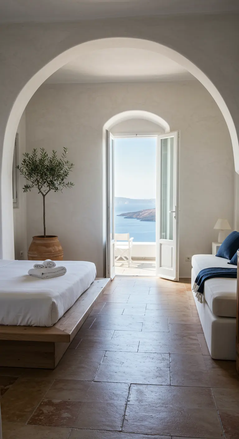 Minimalist bedroom with an arched doorway framing a sea view and terracotta floors.
