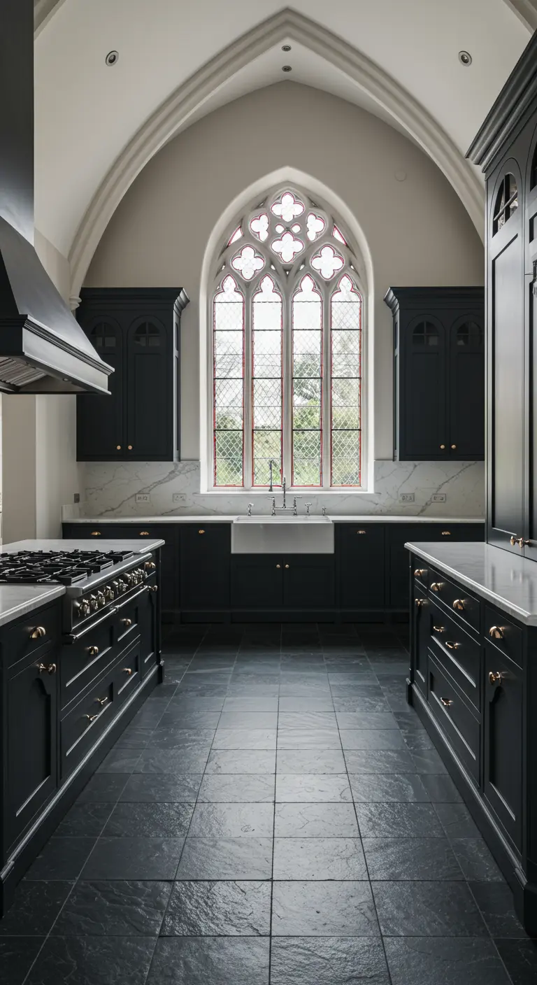 Symmetrical black kitchen cabinets framing a large arched cathedral window.